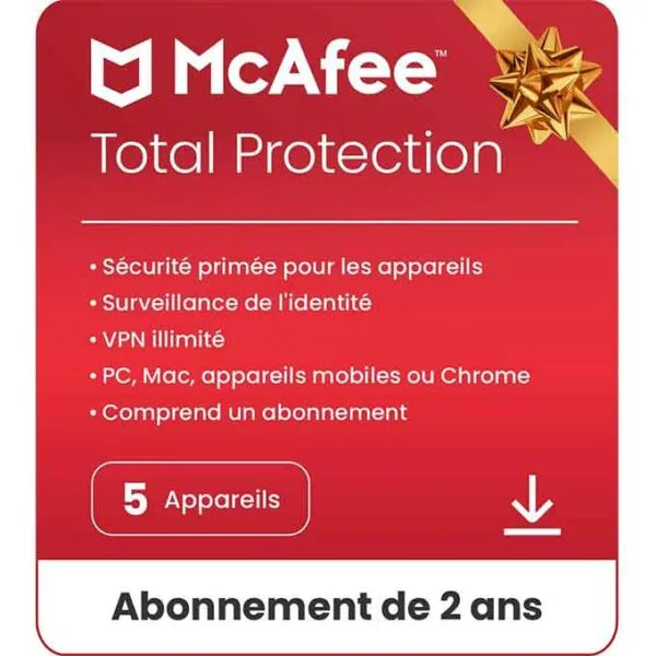 Antivirus McAfee 2024 5 appareils 24mois et VPN