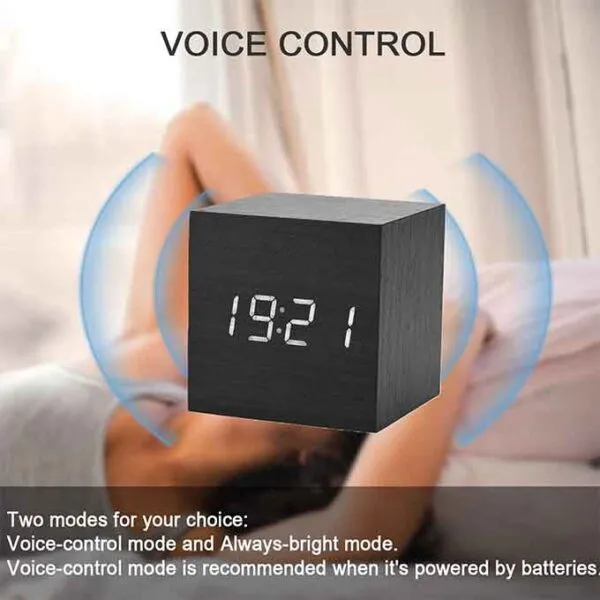 Réveil en Bois LED Numérique avec Commande Vocale